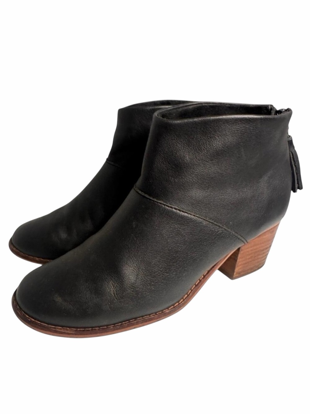 TOMS Leila Black Leather Ankle Booties Tassel Back Zip Block Heel 6.5